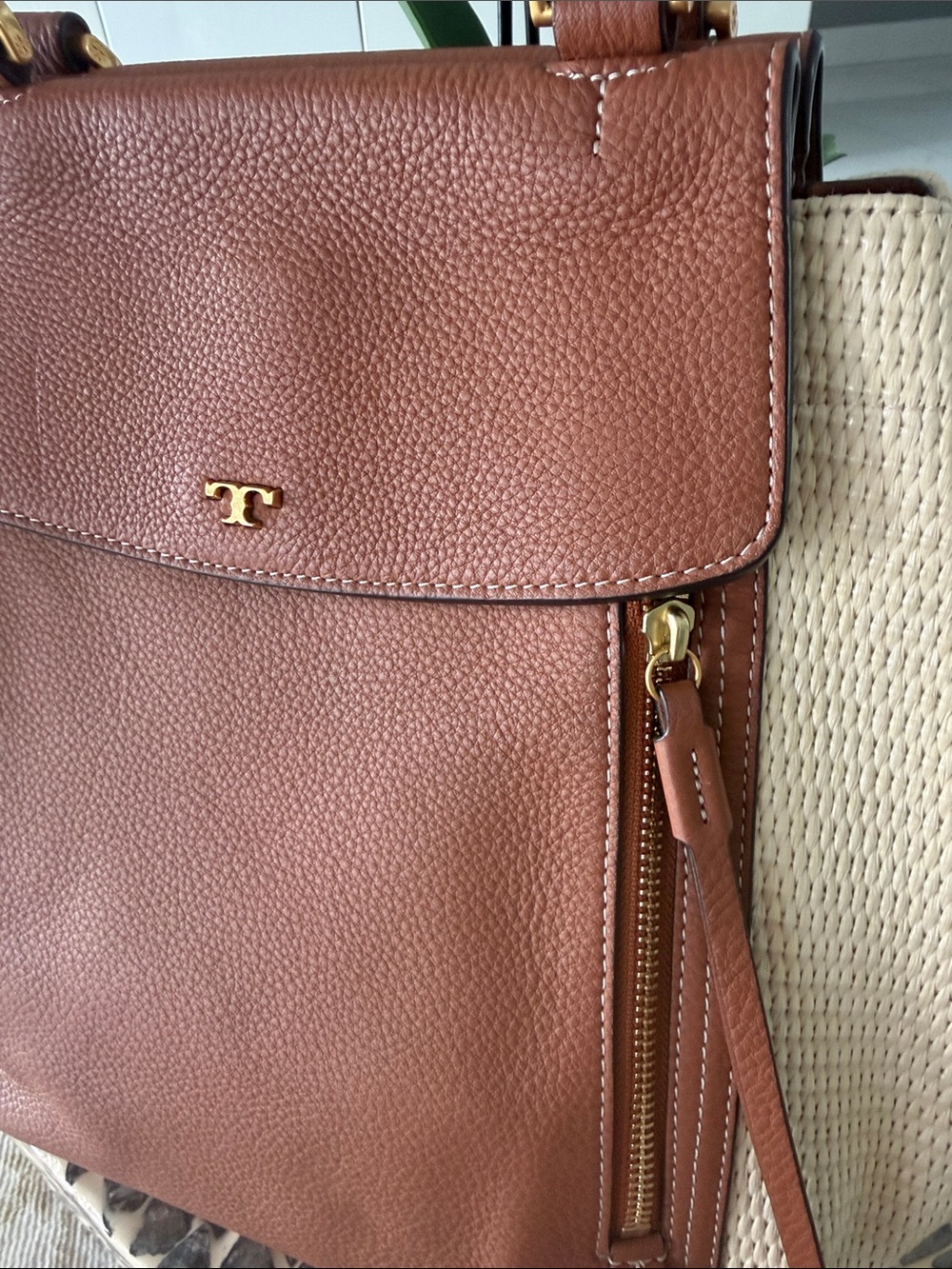 Tory Burch Cognac Leather and Cream Woven Shoulder Bag - Picture 2 of 11